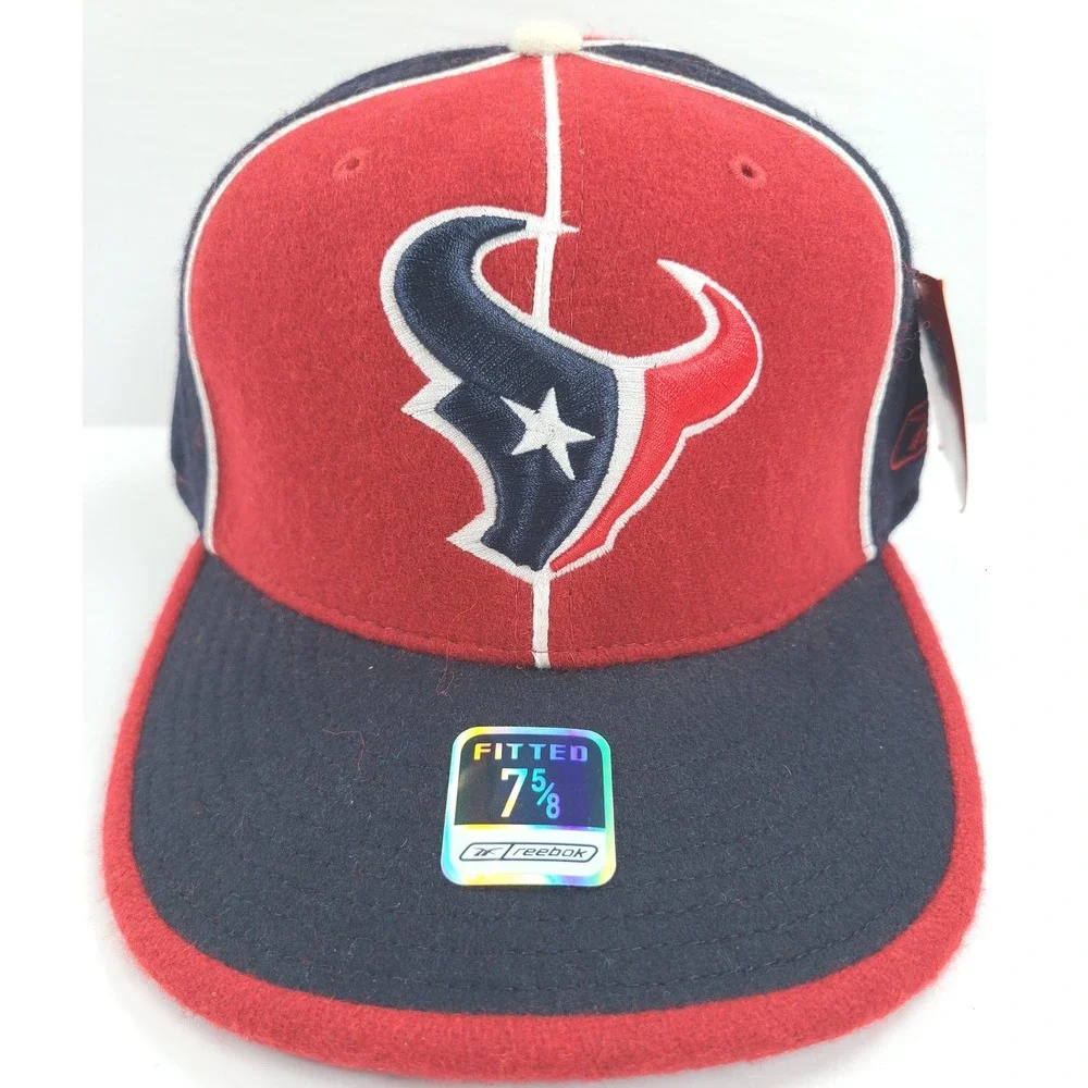 Reebok Houston Texans Fitted Hat 7 5/8 Red Navy Blue 100% Wool Football Team NFL